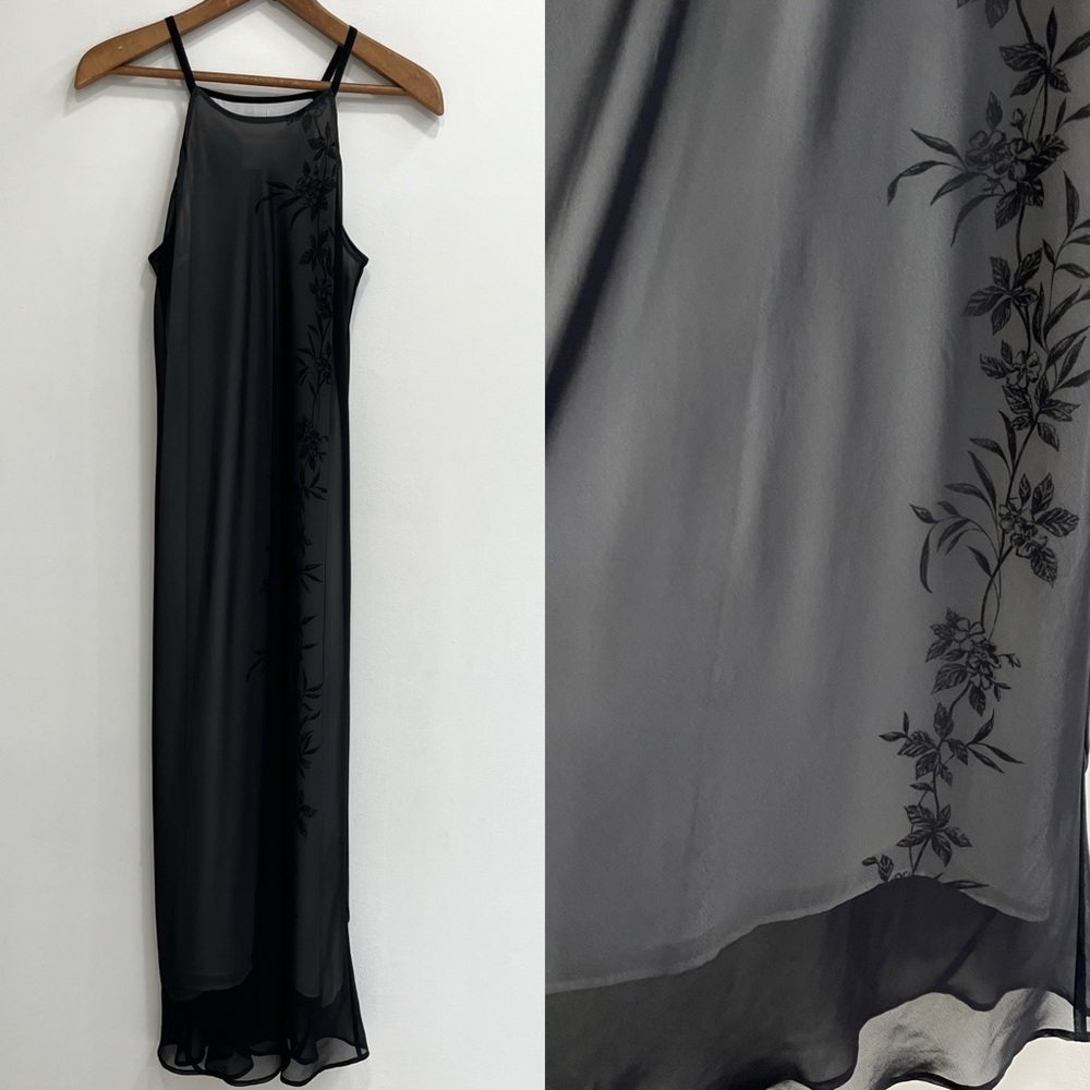Vintage Y2K Express Sheer Mesh Overlay Black White Floral Maxi Dress Bias Cut